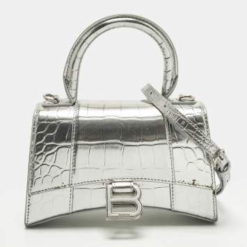 مملوكة مسبقًا Balenciaga Hourglass XS Silver Croc Embossed Patent Leather Top Handle Bag