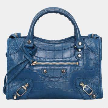 Pre Owned حقيبة سيتي بالنسياجا جلد منقوش بالأزرق كروكودايل معدني فضي كلاسيك