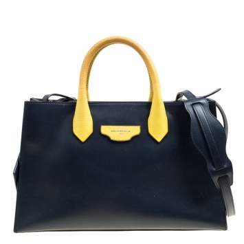 Pre Owned Balenciaga Blue/Yellow Leather Work S Top Handle Bag