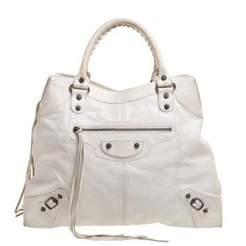 Pre Owned Balenciaga Off White Lambskin Leather GSH Brief Tote