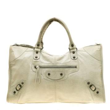 Pre Owned Balenciaga Sea Green Leather Raised Brass Hardware Work Tote