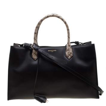 Pre Owned Balenciaga Black Leather and Snakeskin Trim Padlock Nude Work Tote