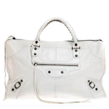 Pre Owned Balenciaga White Lambskin Leather Classic RH Work Bag