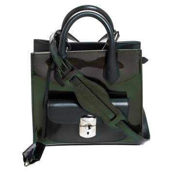 Pre Owned Balenciaga Dark Green Iridescent Patent Leather Mini Padlock All Afternoon Tote 