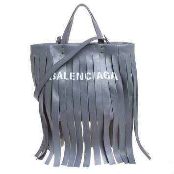 Pre Owned Balenciaga Grey Leather Laundry Cabas Fringe XS Tote