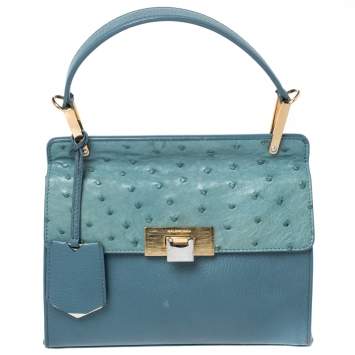 Pre Owned Balenciaga Blue Leather and Ostrich Le Dix Cartable Top Handle Bag