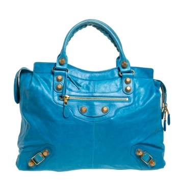 Pre Owned Balenciaga Sky Blue Leather Giant 21 Gold Hardware RTT Bag