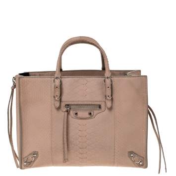 Pre Owned Balenciaga Beige Oryx Python Papier A6 Side Zip Tote