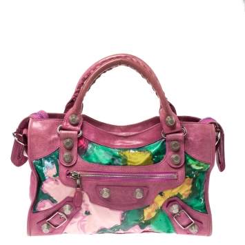 Pre Owned Balenciaga Pink Floral Print Satin and Leather GSH City Bag