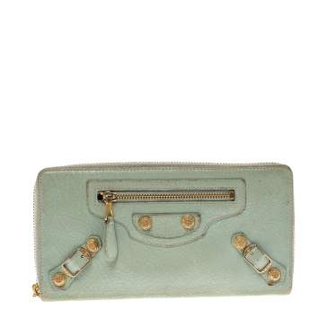 Pre Owned Balenciaga Vert D'eau Leather City Zip Around Wallet
