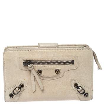 Pre Owned Balenciaga Beige Oryx Leather Compact Wallet
