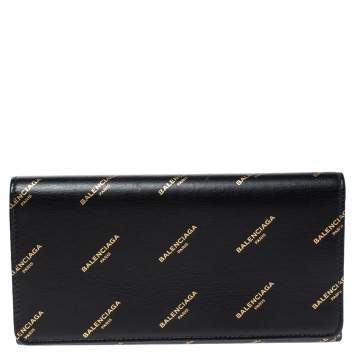 Pre Owned Balenciaga Black Bazar Logo Leather Flap Continental Wallet