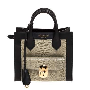 Pre Owned Balenciaga Black/Green Leather and Lizard Padlock Mini All Afternoon Tote