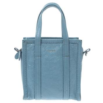Pre Owned Balenciaga Powder Blue Crinkled Leather XXS Bazar Tote