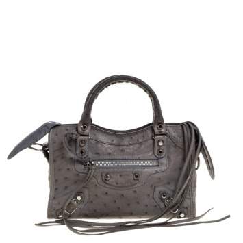 Pre Owned Balenciaga Gris Tarmac Ostrich SH Mini City Bag