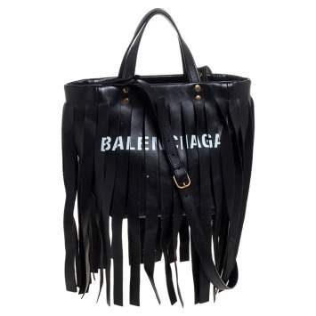 Pre Owned Balenciaga Black Leather Laundry Cabas Fringe XS Tote