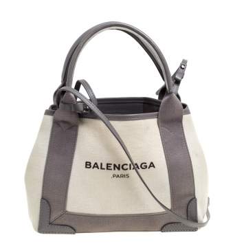 Pre Owned Balenciaga Grey/White Canvas and Leather XS Cabas Tote