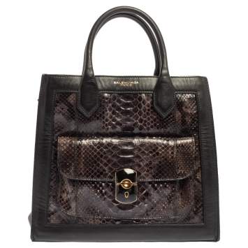 Pre Owned Balenciaga Black Leather and Python Padlock All Afternoon Tote