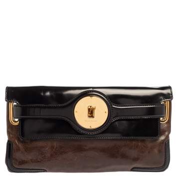 Pre Owned Balenciaga Brown/Black Leather and Patent Leather Lune Clutch