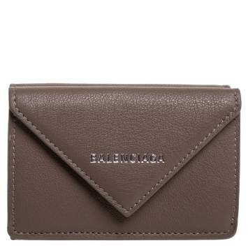 Pre Owned Balenciaga Dark Beige Leather Mini Papier Wallet