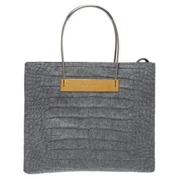 Pre Owned Balenciaga Grey Wool and Leather Small Cable Shopper Tote