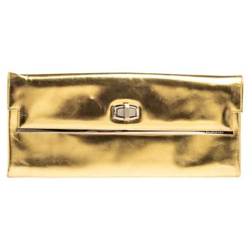 Pre Owned Balenciaga Metallic Gold Leather Turnlock Metal Flap Clutch
