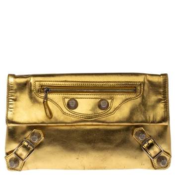 Pre Owned Balenciaga Metallic Gold Leather Motocross Giant 21 Envelope Clutch