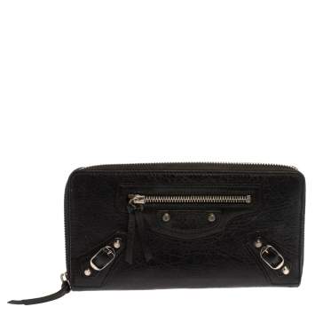 Pre Owned Balenciaga Black Leather City Zip Around Wallet