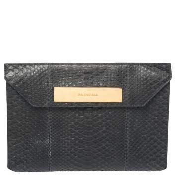 Pre Owned Balenciaga Navy Blue/White Python and Leather Logo Plaque Clutch