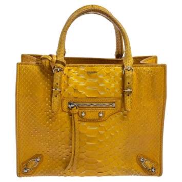 Pre Owned Balenciaga Yellow Python Mini Papier A4 Tote