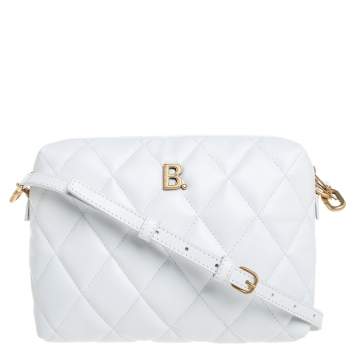 Pre Owned Balenciaga White Quilted Leather B Camera Crossbody Bag