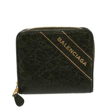 Pre Owned Balenciaga Green Leather Zip Around Compact Wallet