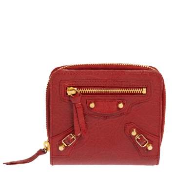 Pre Owned Balenciaga Rouge Groseille Leather Zip Around Compact Wallet
