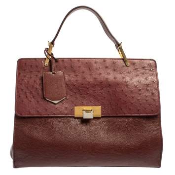 Pre Owned Balenciaga Maroon Leather and Ostrich Le Dix Cartable Top Handle Bag