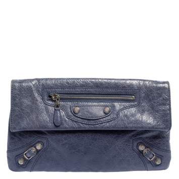 Pre Owned Balenciaga Bleu Glacier Leather Motocross SH Envelope Clutch