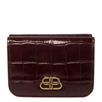 Pre Owned Balenciaga Burgundy Croc Embossed Leather Mini BB Wallet