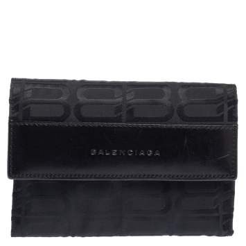 Pre Owned Balenciaga Black Monogram Nylon and Leather Trifold Wallet