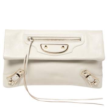 Pre Owned Balenciaga White Leather Metallic Edge Envelope Clutch