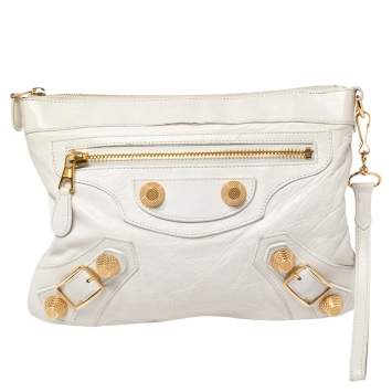 Pre Owned Balenciaga White Lambskin Leather Giant Gold Flat Clutch Bag