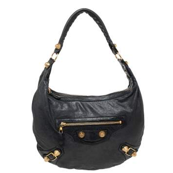 Pre Owned Balenciaga Black Leather Giant 21 Gold Hobo