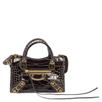 Pre Owned Balenciaga Black Croc Embossed Leather Mini Classic Metallic Edge City Tote