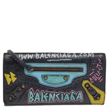 Pre Owned Balenciaga Multicolor Graffiti  Print Leather Classic Money RH Continental Wallet