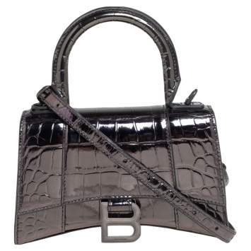 Pre Owned Balenciaga Dark Grey Croc Embossed Mirrored Leather Small Hourglass Top Handle Bag
