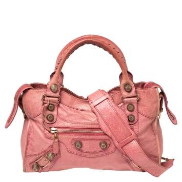 Pre Owned Balenciaga Pink Lambskin Leather Giant 21 Gold Motorcycle City Bag