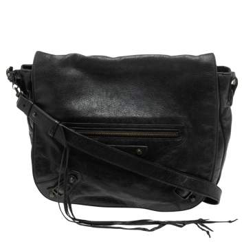 Pre Owned Balenciaga Black Leather Classic Arena Folk Messenger Bag