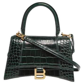 Pre Owned Balenciaga Green Croc Embossed Leather Hourglass Top Handle Bag