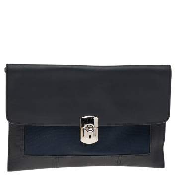 Pre Owned Balenciaga Black/Navy Blue Leather And Canvas Ottoman Padlock Clutch