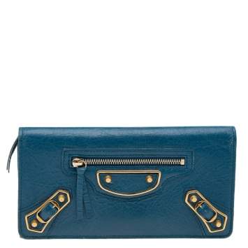 Pre Owned Balenciaga Blue Leather City Wallet