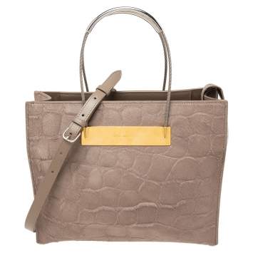 Pre Owned Balenciaga Beige Croc Embossed Calfhair Small Cable Shopper Tote