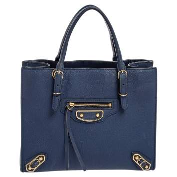 Pre Owned Balenciaga Navy Blue Leather Mini Papier A4 Tote